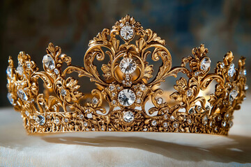 Ornate golden crown with sparkling gemstones in royal luxury setting