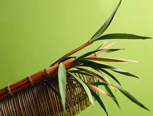 Obraz premium Bamboo in Woven Basket with Green Leafy Branches Against Green Backdrop