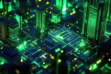 Obraz premium Nighttime city view from a close angle, showing buildings and lights