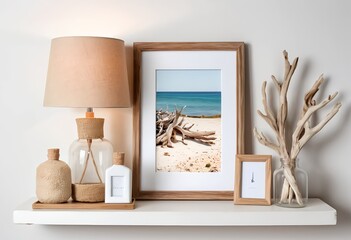 Coastal Living Room Decor with Beach Photo and Driftwood