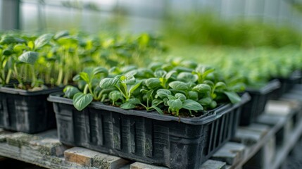 Greenhouse filled with young seedlings in trays, thriving under bright sunlight. Gardeners are nurturing plants in preparation for the upcoming planting season.