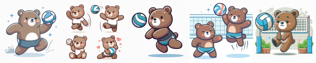 vector set of cute bears playing volleyball