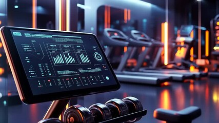 A modern gym interface displaying fitness data with exercise equipment in the background. - Powered by Adobe