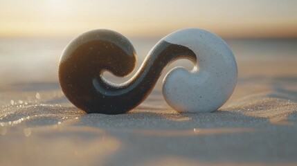 Yin yang symbol on beach at sunrise