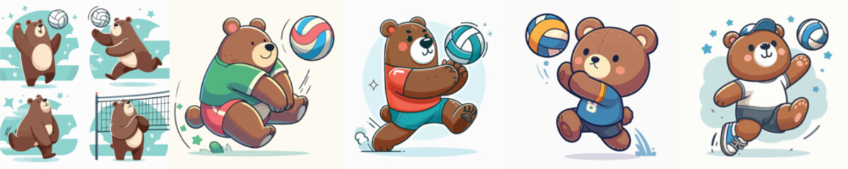 vector set of cute bears playing volleyball