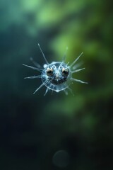 macro shot of a transparent creature with large eyes and radiating spikes against a blurred green background, resembling a microscopic organism.