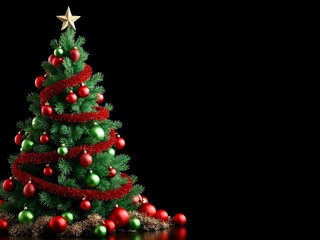 Obraz premium Classic Christmas tree with red and green ornaments and star on top, black background with space for text or branding