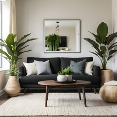 Modern Living Room Interior with Black Sofa and Greenery