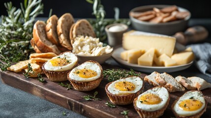 An elegant cheese board presentation with cheesy baked egg cups, aged cheddar wedges, and artisan bread, styled against a sleek modern backdrop