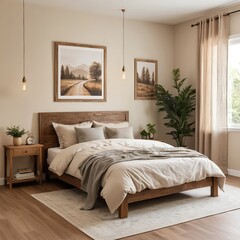 Cozy Bedroom Interior Design with Wooden Bed and Natural Decor