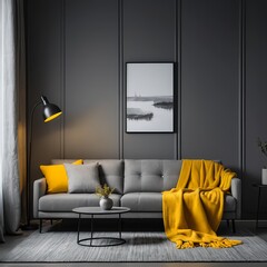 Modern Gray Sofa with Yellow Throw and Decor in Dark Gray Room