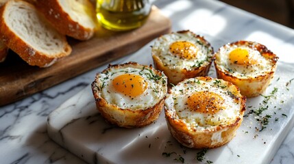 An upscale café presentation of cheesy baked egg cups on a marble serving board, accompanied by herb-infused olive oil and crusty bread
