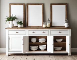 White Wooden Sideboard with Empty Frames and Stacked Dishes