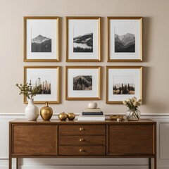 Gallery Wall with Mountain Landscape Prints, Gold Frames, and Modern Decor