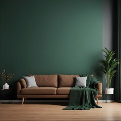 Modern Living Room Interior with Brown Sofa and Green Accents