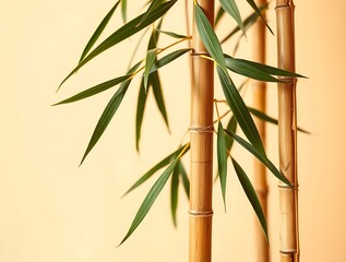 Bamboo Stalks with Green Leaves Against Soft Beige Background