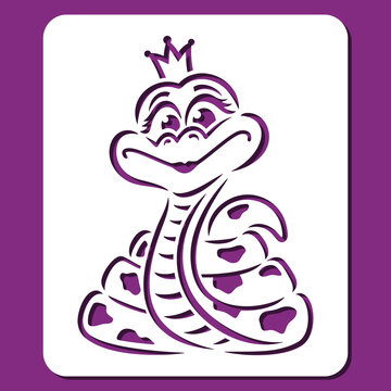 recommend clip art: Stencil cute snake in a crown. Cheerful cartoon character, boa girl. Animal theme, zoo. Template for plotter laser cutting of paper, fretwork, wood carving, metal engraving, cnc. Vector illustration.