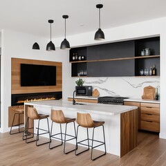 Modern Kitchen Island with Fireplace and Wood Accents
