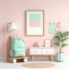Pastel Children's Room Interior with Backpack and Toy
