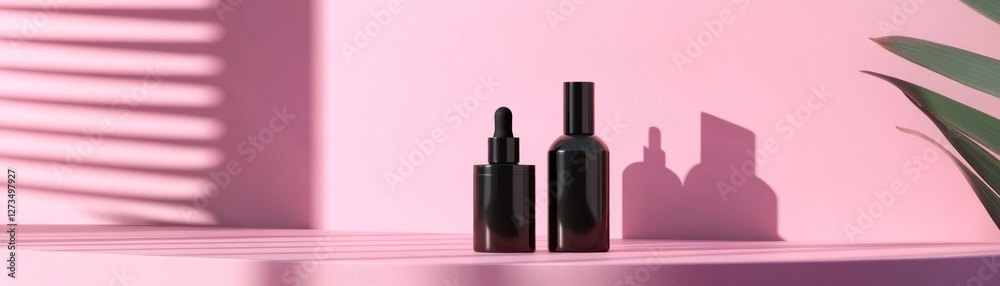 Poster two dark bottles stand on a pink platform with shadows
