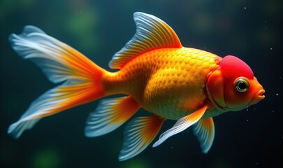 Fototapeta premium A vibrant close-up of a goldfish swimming gracefully, showcasing its colorful features against a blurred aquatic backdrop. Perfect for aquaculture and pet industry themes.