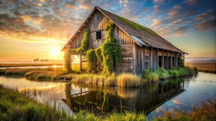 Fototapeta premium Serene Sunrise Over Rustic Waterside Structure, Ivy-Covered and Reflected in Still Waters