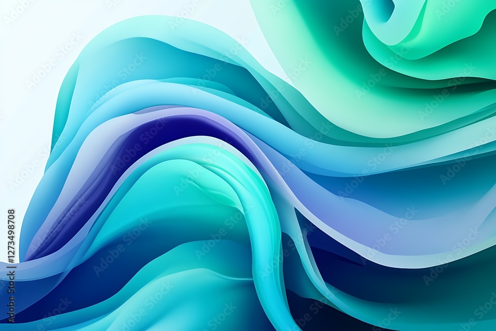 Fototapete abstract waves with fluid curves cascade gracefully, their blue and green gradients blending smoothl