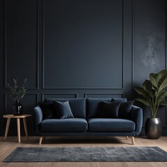 Stylish Dark Blue Velvet Sofa in Modern Dark Room Interior