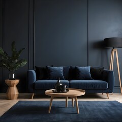 Modern Living Room Interior Design with Dark Blue Velvet Sofa