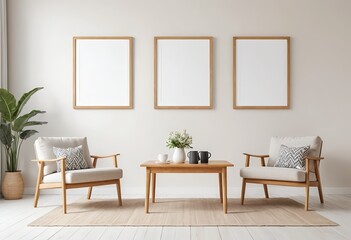 Modern Living Room Interior with Wooden Armchairs and Blank Frames