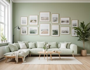 Sage Green Living Room with Coastal Wall Art and Sectional Sofa
