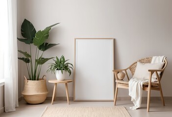 Modern Minimalist Living Room Interior with Blank Frame