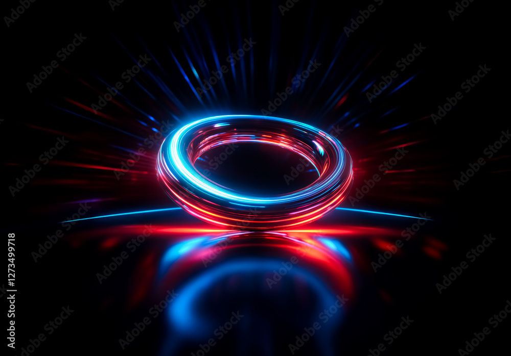 Poster shenzhen, china - unknown date : a luminous ring emits vibrant blue and red light against a dark bac