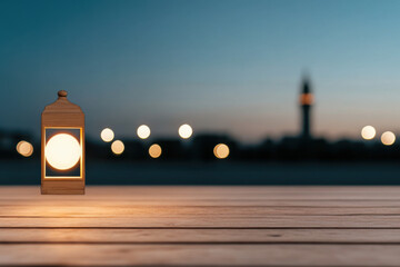 Luminous wooden lantern floating above table at dusk with mosque in background