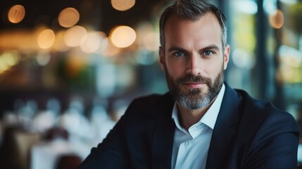 Fototapeta premium A man with a long beard sits at a table in a cozy restaurant, possibly enjoying a meal or drink