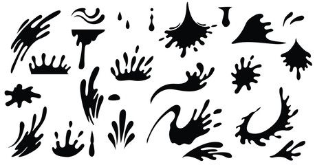 Water splash silhouettes, ink drops, falling water, spray, tears, paint spill, aqua splatter, aqua, ripples