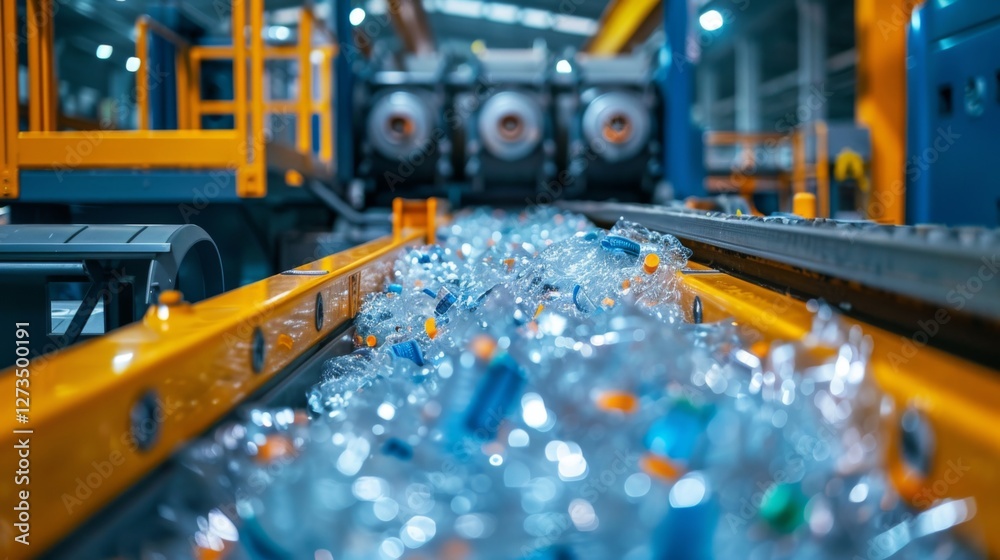 Aufkleber a conveyor belt is lined with discarded plastic bottles, highlighting the recycling process in an in