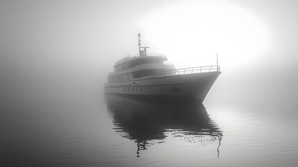 Naklejka premium Minimalist and modern steamboat gracefully floating on still waters surrounded by a soft mist and a serene monochrome aesthetic This image conveys a sense of tranquility efficiency