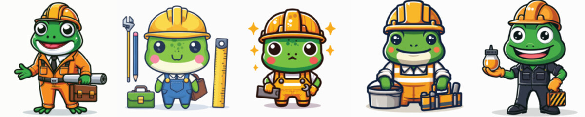 Fototapeta premium vector collection of frogs wearing construction worker costumes