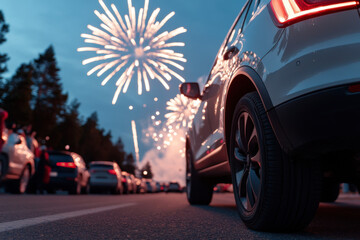 Cars parked on road watching fireworks displaying in evening sky
