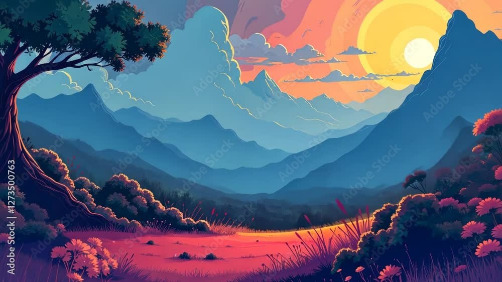 Poster A mountain range with a tree in the foreground. The sky is blue and orange. There are clouds in the sky