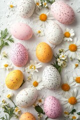 Obraz premium A top view of Easter quail eggs and spring flowers on a white background, with space for text, capturing a spring holiday theme