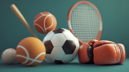 3D model with elements of various sports artfully. a soccer ball, basketball, tennis racket with ball, baseball bat, boxing