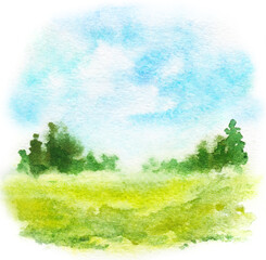 Fototapeta premium Abstract watercolor background with green grass , blue sky, trees