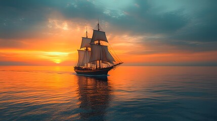 Minimalist silhouette of a sailing ship gently traversing the ocean framed against a gradient horizon in soft cinematic lighting  This serene