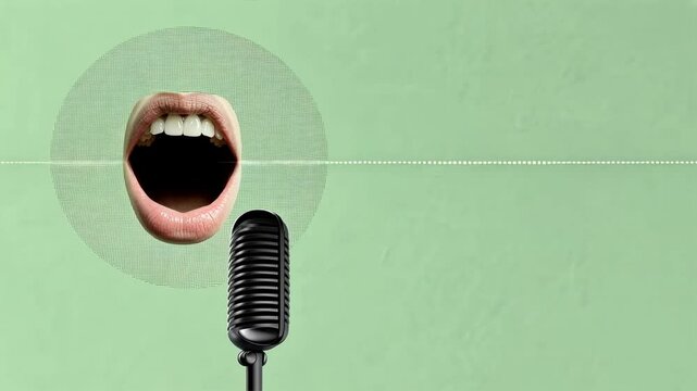 Minimalist collage of an open mouth and microphone, Open mic, open night, best mic