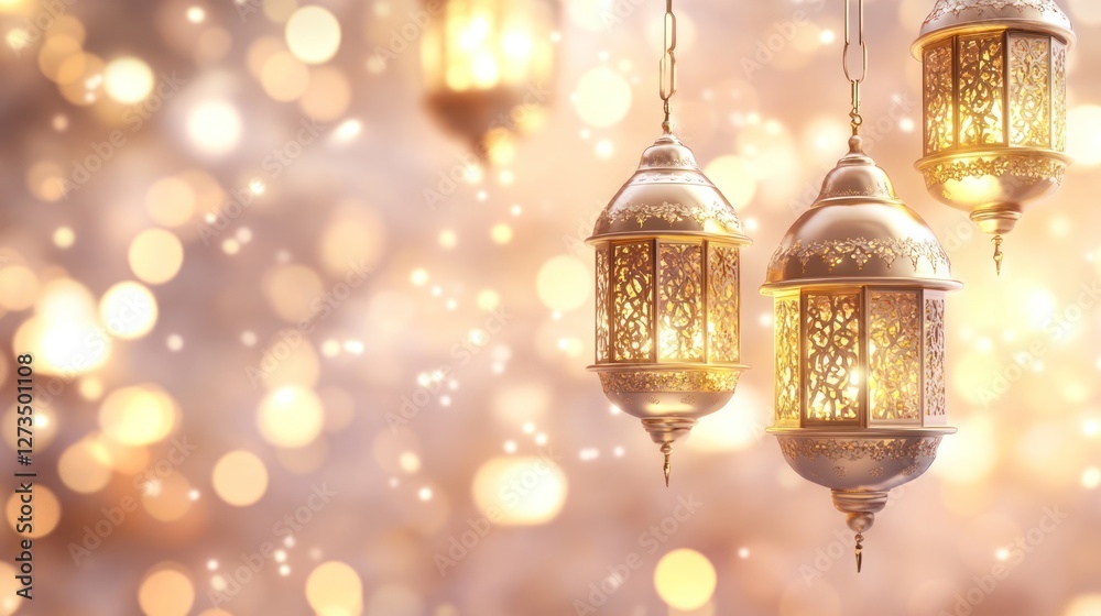 Poster Elegant Golden Lanterns Hanging Against a Sparkling Background
