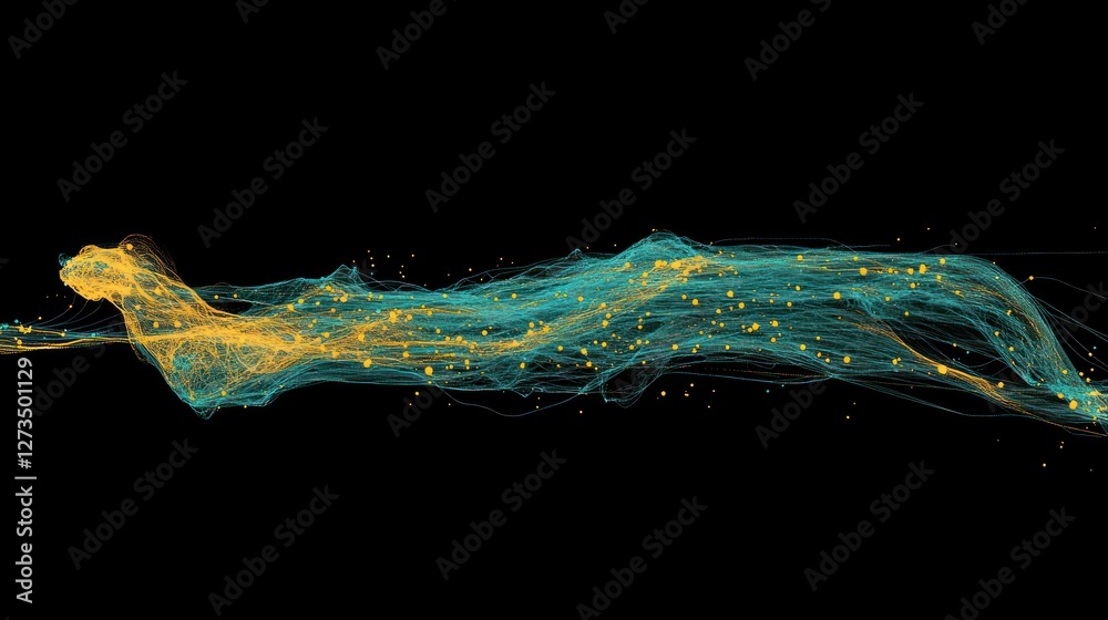 Poster abstract teal and gold flowing particles wave design