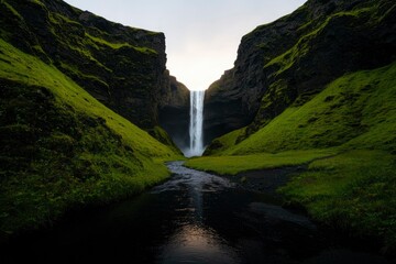 Obraz premium Iceland's Kvernufoss Waterfall in Green Valley, Stream Reflection. Scenic views