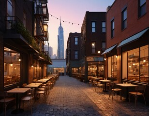 Obraz premium Cozy Outdoor Dining in a Cobblestone Alleyway at Dusk